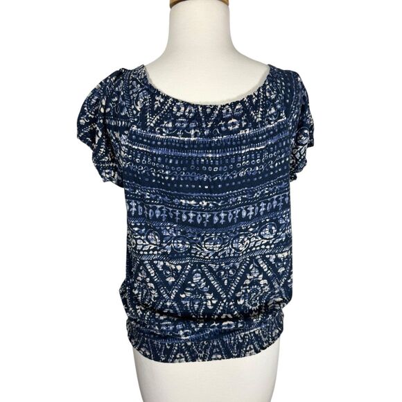 Chaps Denim Smocked Blue Batik Peasant Blouse Sz S Cotton - Picture 3 of 5